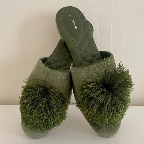 Birdies The Songbird Mule Pom Pom Olive/Green Velvet Mules, New Without Tags - Picture 2 of 6